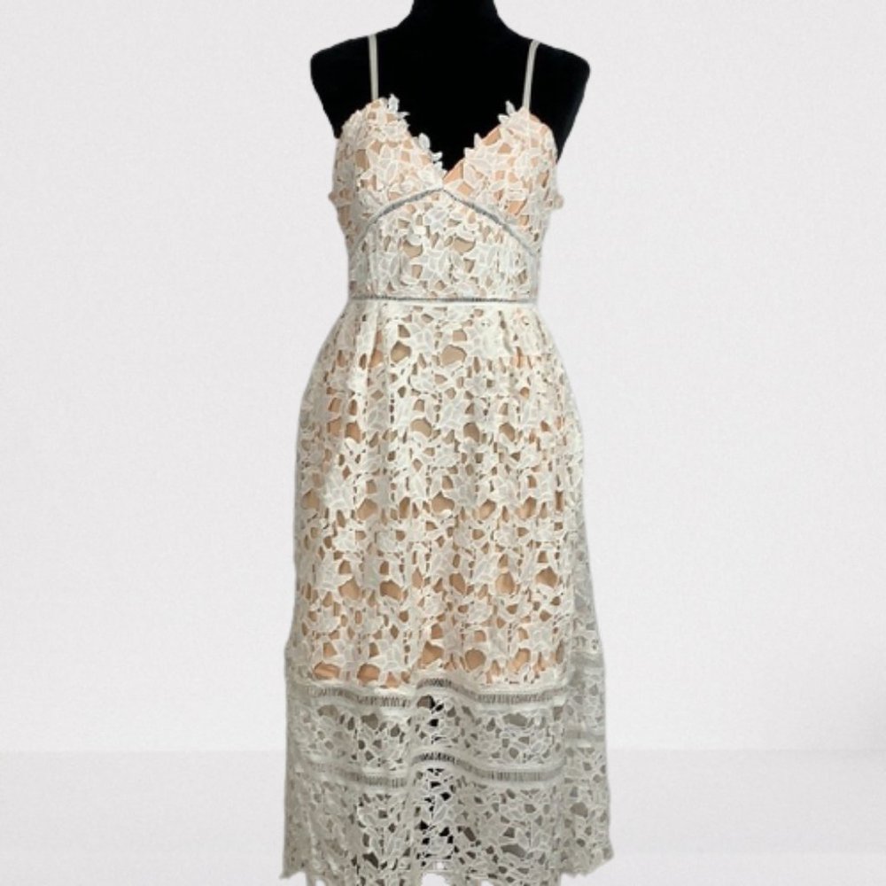 White Embroidered Lace Hollow Out Nude Illusion Aline Midi Dress Size M